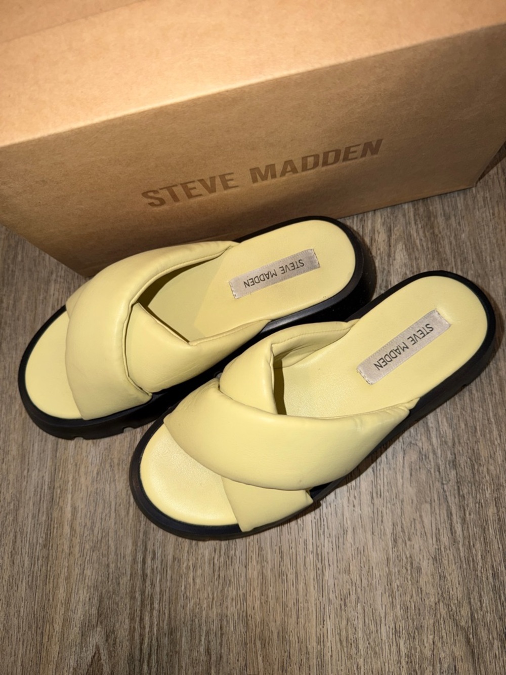 Steve Madden Pale Yellow Padded Cross-Band Slide Sandals